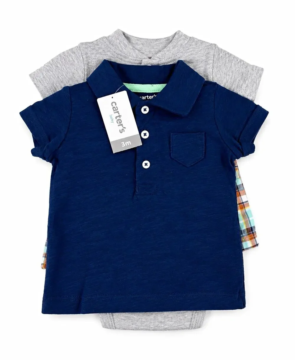 Carter's 3pc Outfit Set 0-3M Dinosaur Plaid Polo Bodysuit Shorts Cotton